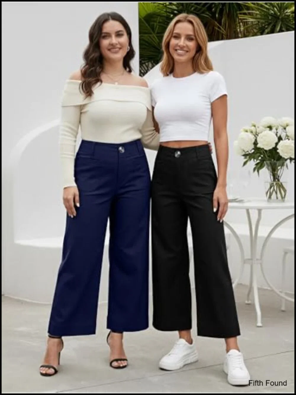 High Waist Wide Leg Cropped Pants Stretchy Work Pants with Pockets